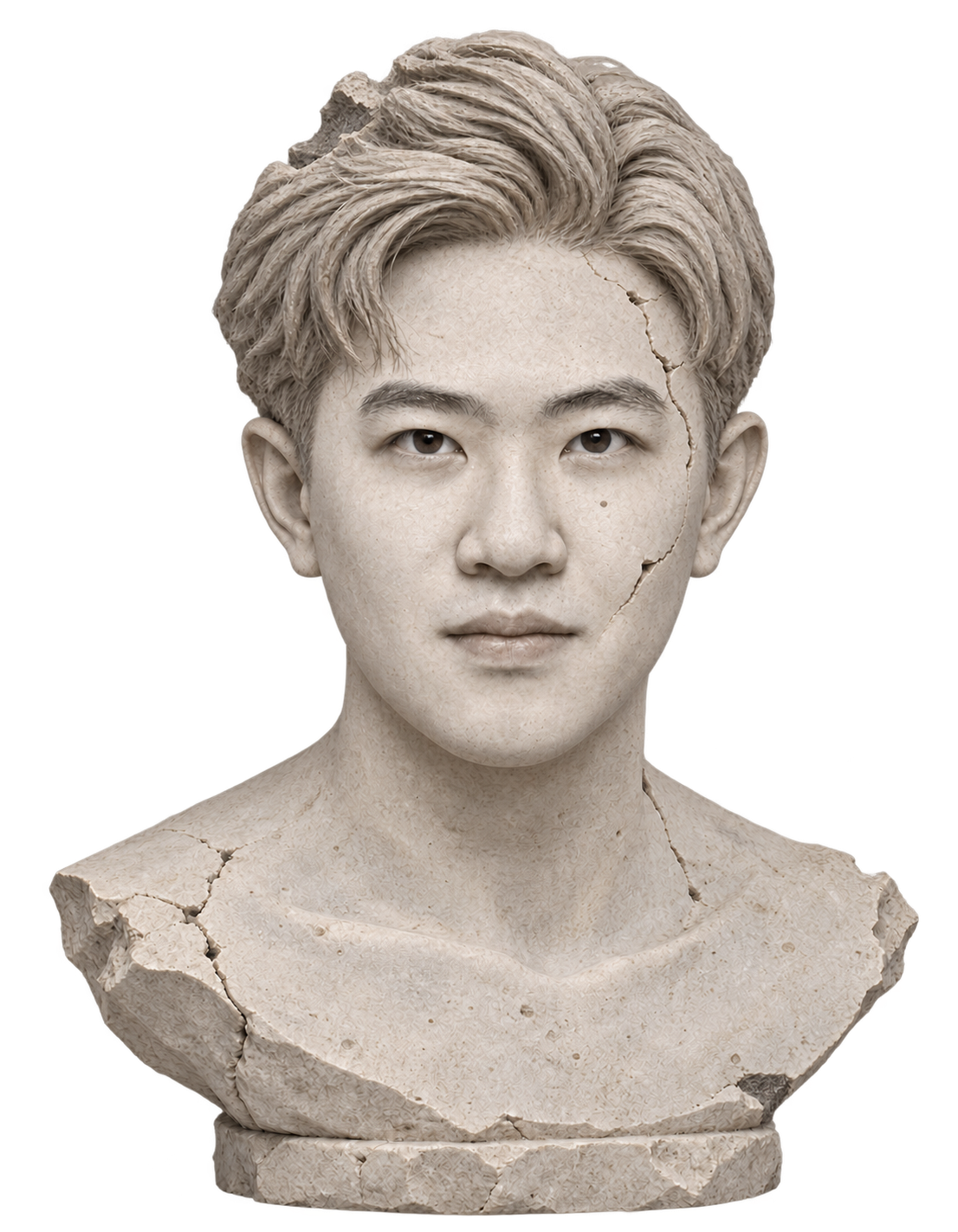 Stone sculpture of Zichen Zhou with a calm, serious expression, chipped edges and natural cracks